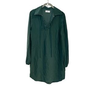 Frame 100% Silk Long Sleeve Shirt Dress Lace‎ Up Spruce Green Collared Size XS